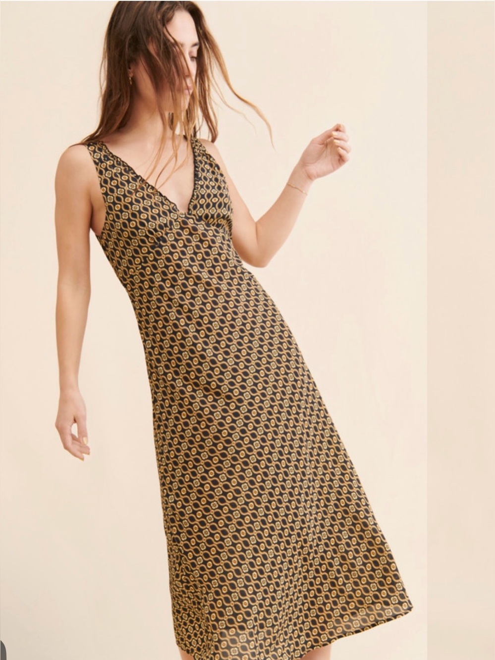 Auguste The Label Black and Gold Sleeveless V-Neck Midi Dress